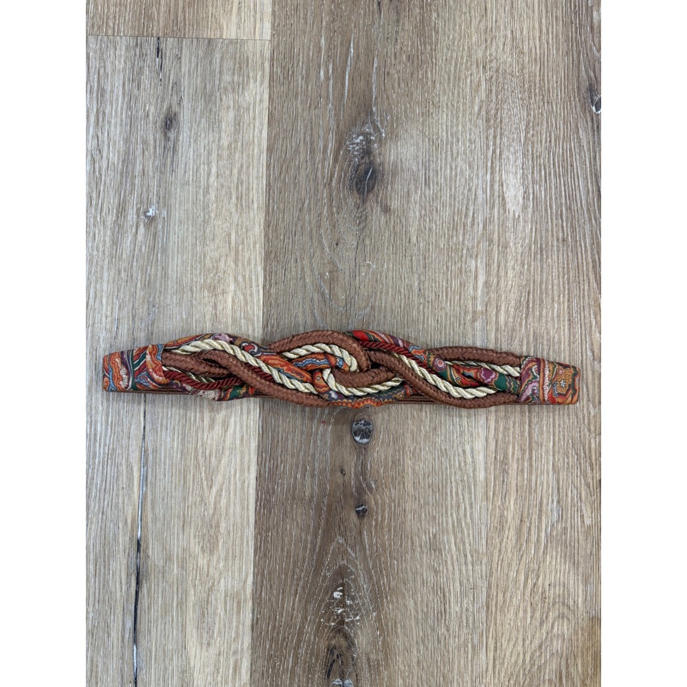 Leather Shop Braided Rope Belt Womens M Brown Boho Vintage Stretch Cinch Paisley